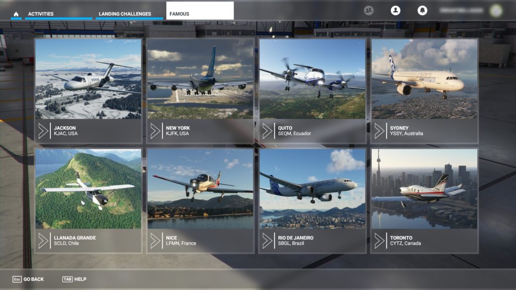 「ACTIVITIES」モード内の「Landing Challenges」で空港を選択する画面。