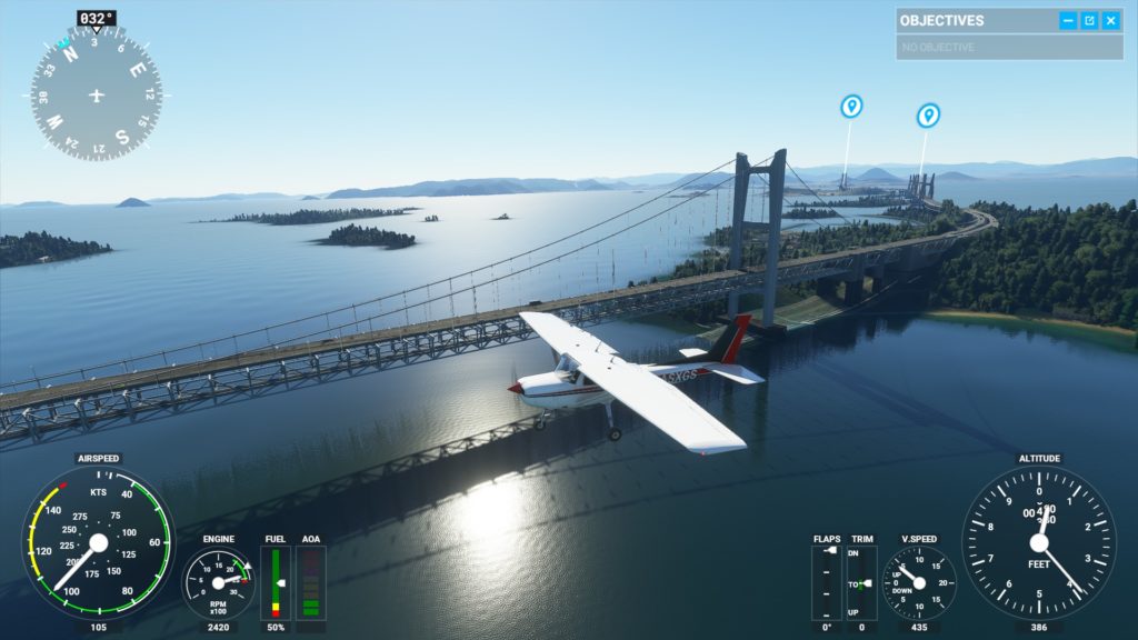 「Microsoft Flight Simulator 2020」で瀬戸大橋上空を飛んでいるところ。